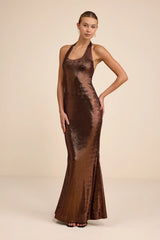 Airla Shiny Bronze Slinky Knit Halter Maxi Dress