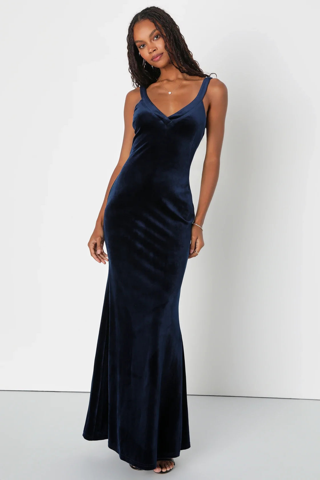 Perfectly Classy Navy Blue Velvet Strappy Maxi Dress