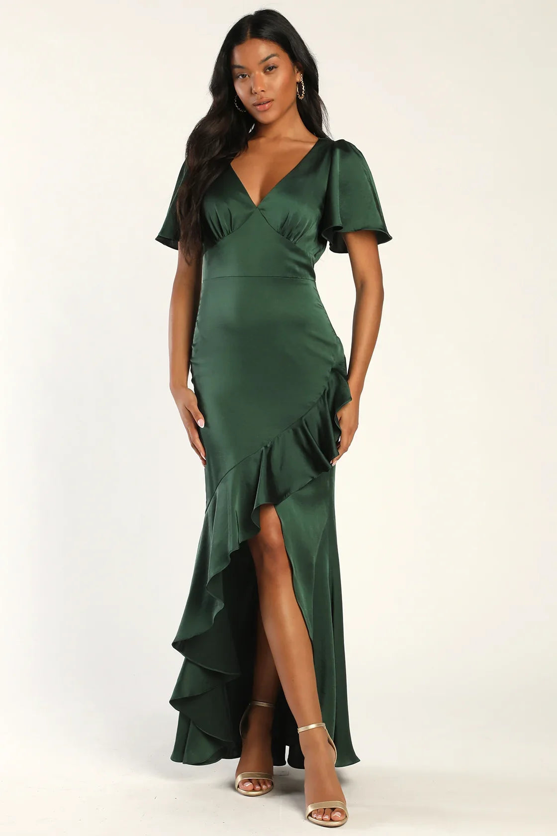 Eternal Bond Emerald Satin Ruffled Flutter Sleeve Maxi Dress