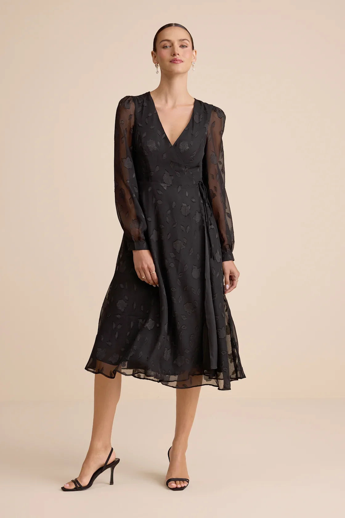 Evening of Elegance Black Floral Jacquard Wrap Midi Dress