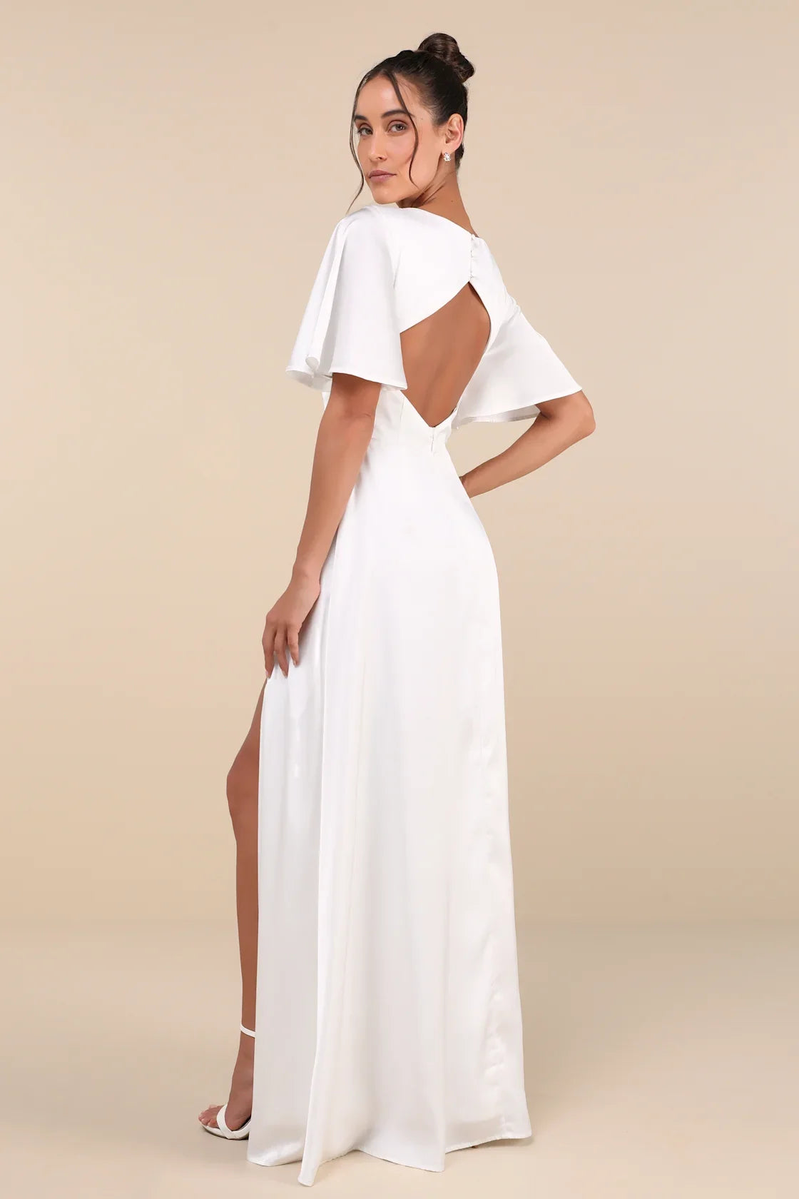 Elegant Confidence Navy Satin Flutter Sleeve Cutout Maxi Dress