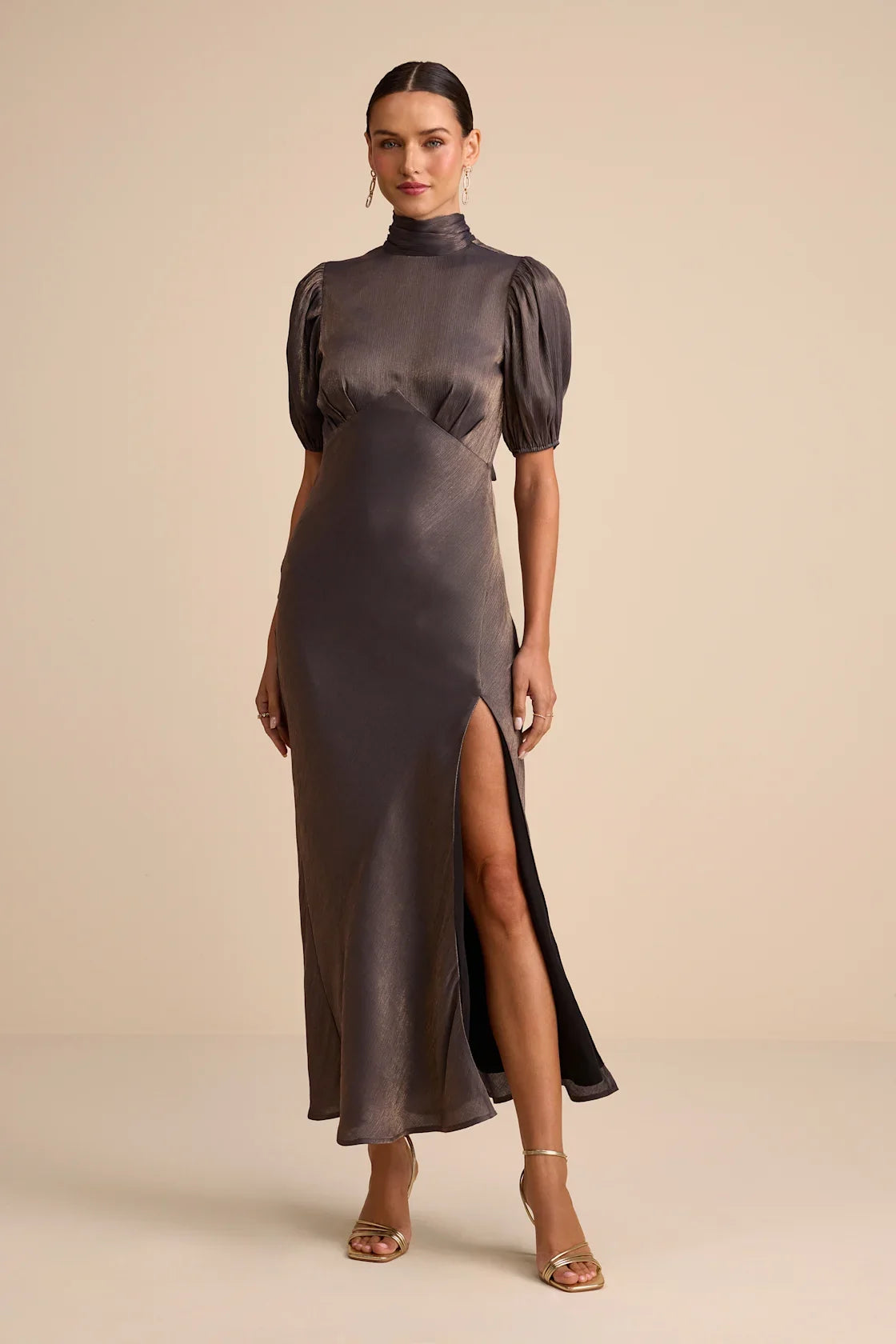 alira Light Blue Satin Lurex Mock Neck Cutout Maxi Dress