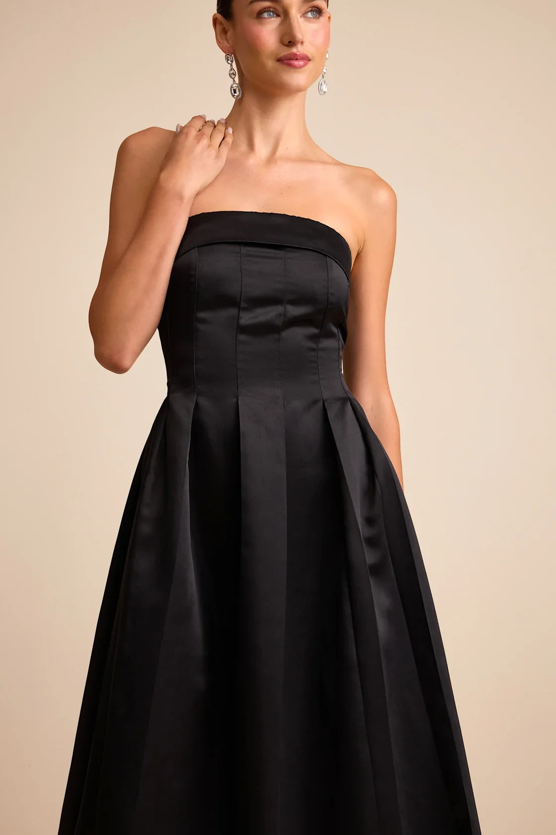 Indaya Black Satin Seamed Pleated Strapless Midi Dress