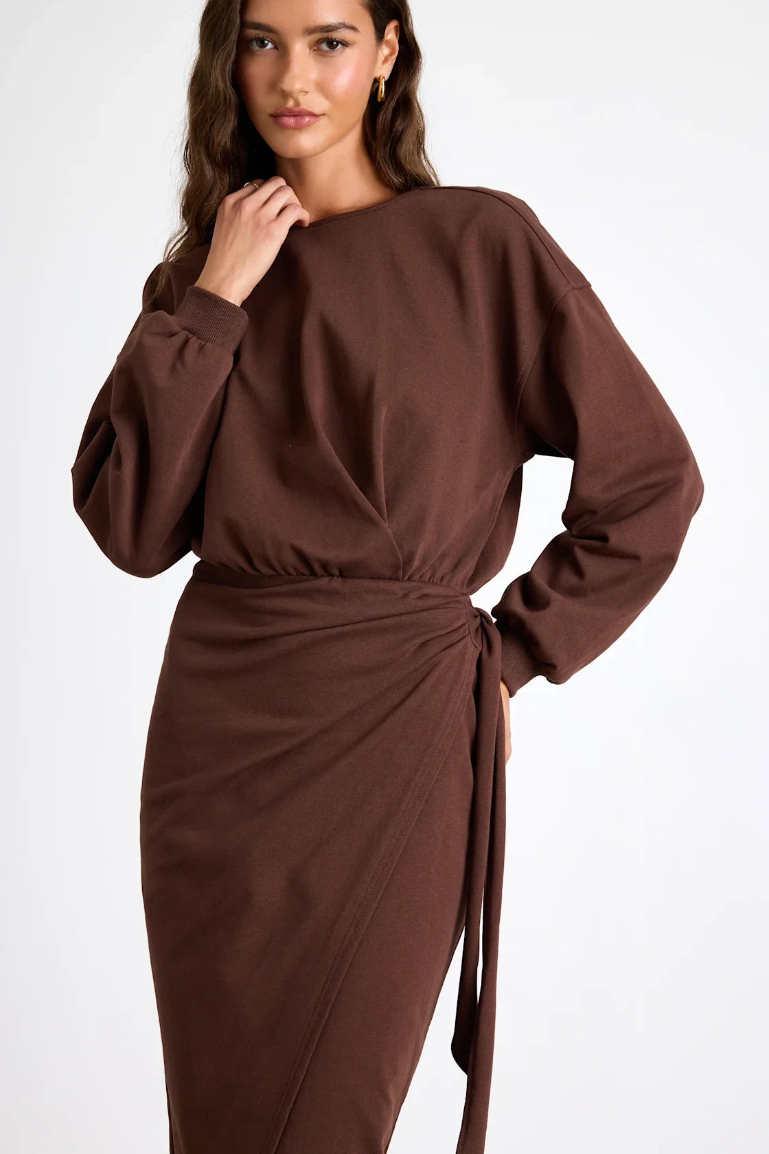 Eunia Charcoal Grey Jersey Knit Long Sleeve Wrap Midi Dress