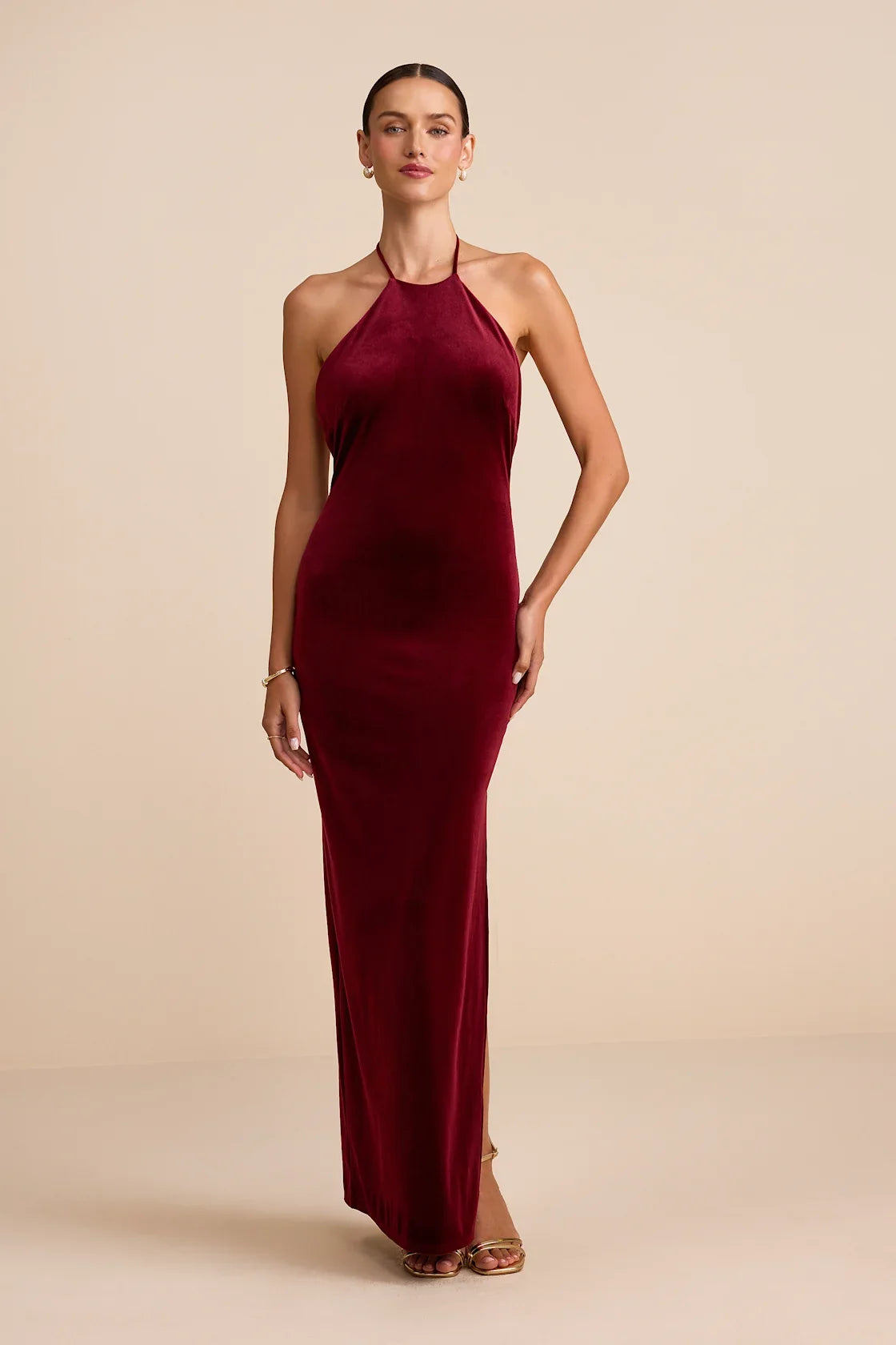 Emelina Wine Red Velvet Halter Maxi Dress