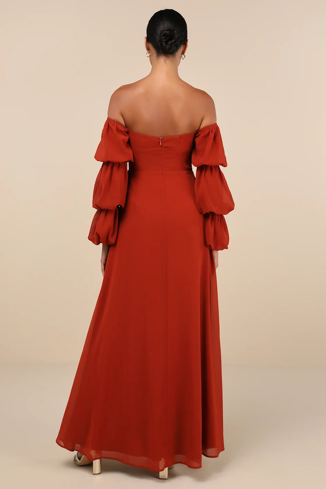 Demure Aura Rust Tiered Balloon Sleeve Off-the-Shoulder Dress