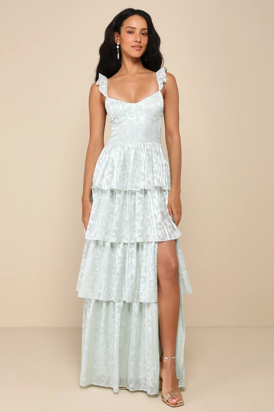 Stunning Glory Navy Blue Floral Jacquard Tiered Maxi Dress