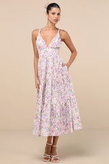 Brightly Blossoming Pink Multi Floral Tiered Midi Dress