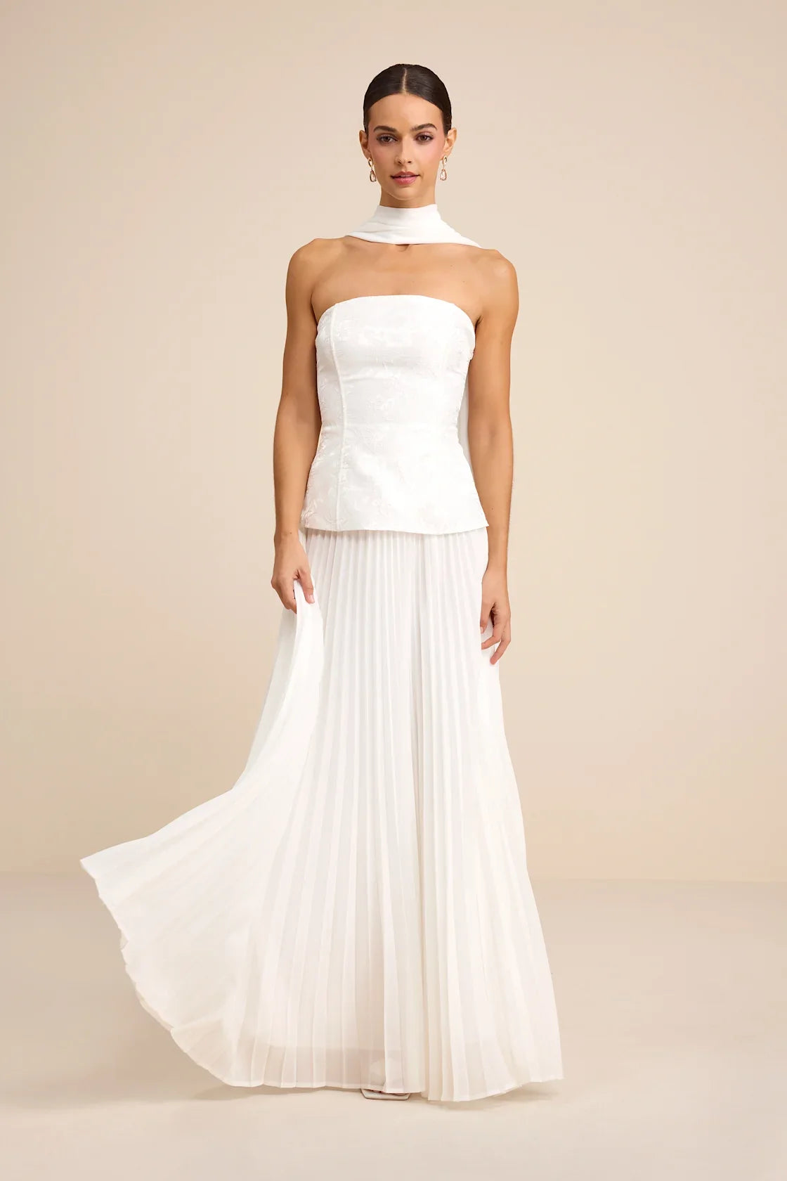 Eloise White Jacquard Pleated Maxi Dress and Scarf Set