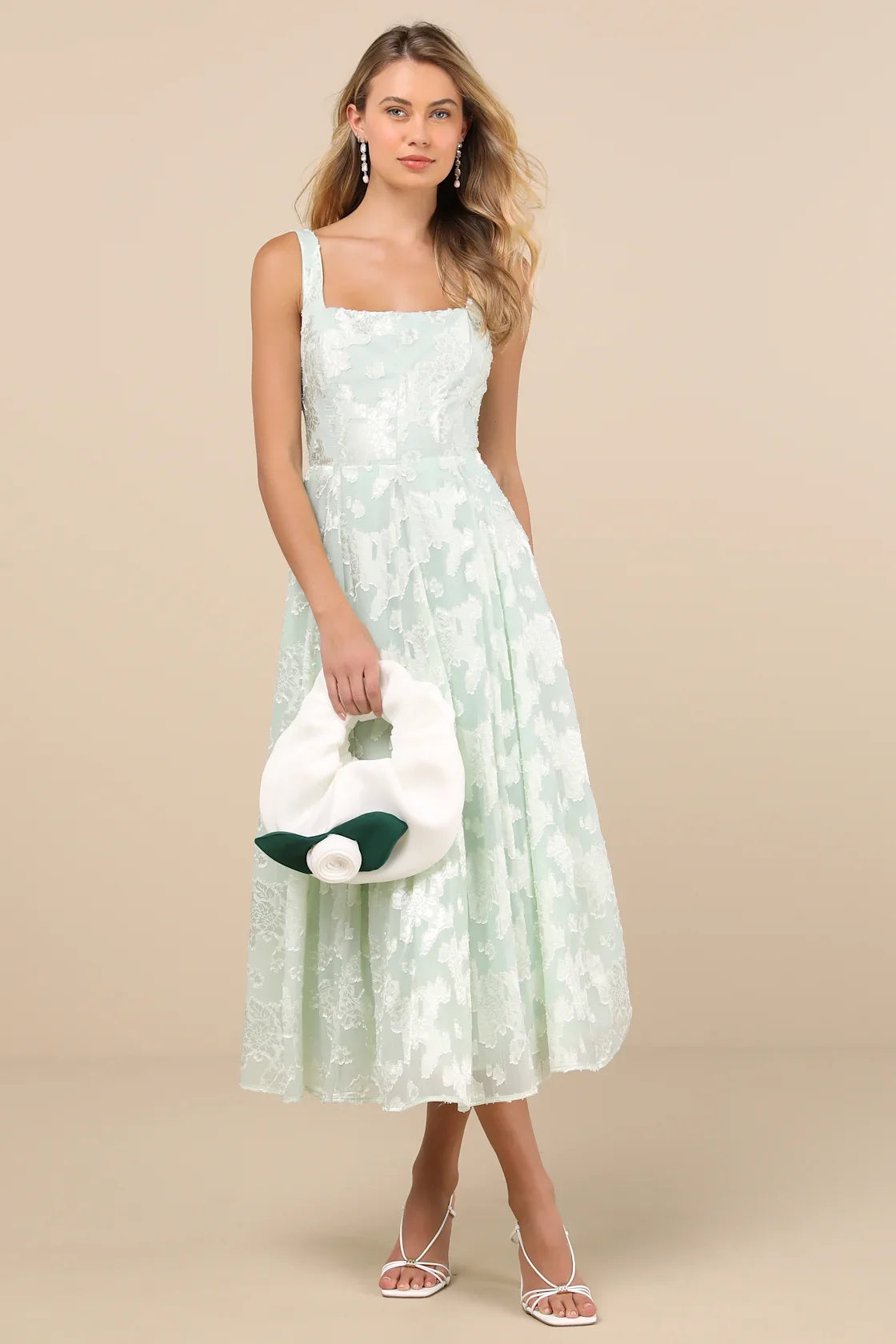 Loira Mint Burnout Jacquard Lace-Up Midi Dress