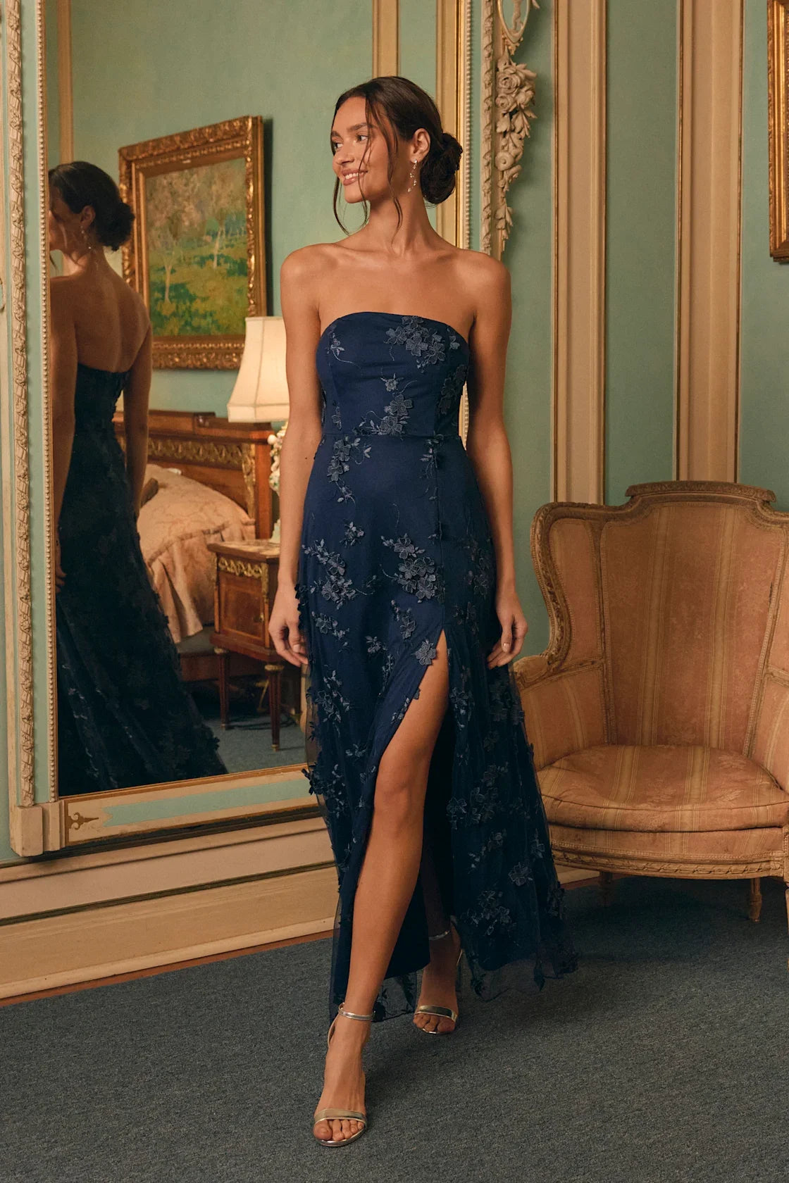 Rare Presence Navy Blue 3D Floral Embroidered Maxi Dress