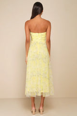 Perfect Whimsy Yellow Floral Mesh Strapless Midi Dress