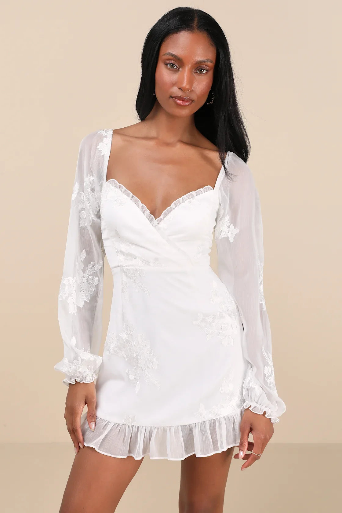 Flora White Embroidered Long Sleeve Mini Dress