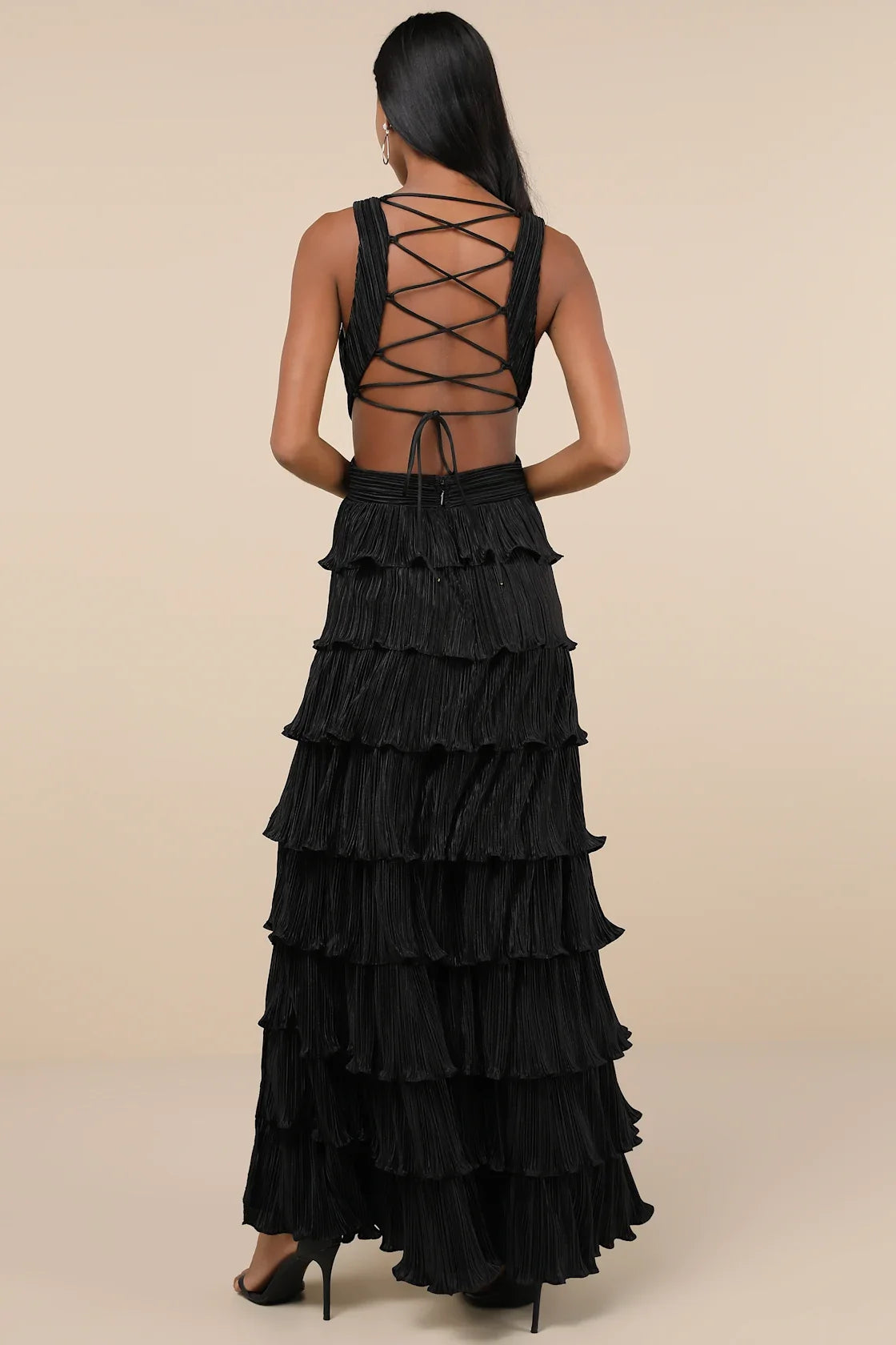 Beauty Icon Gold Satin Pleated Tiered Lace-Up Maxi Dress
