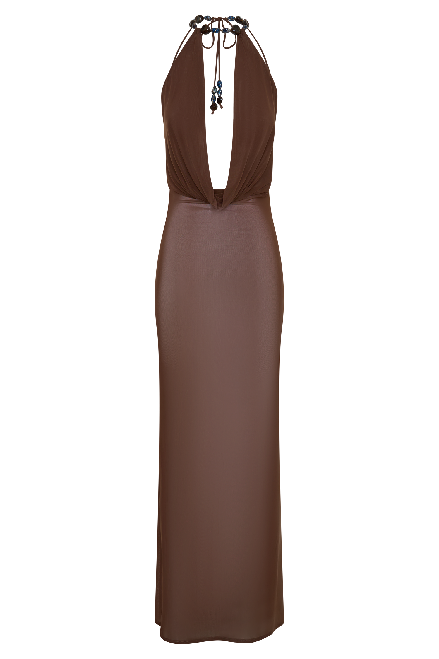 Ethal Mesh Cowl Neck Beaded Maxi Dress - Chocolate
