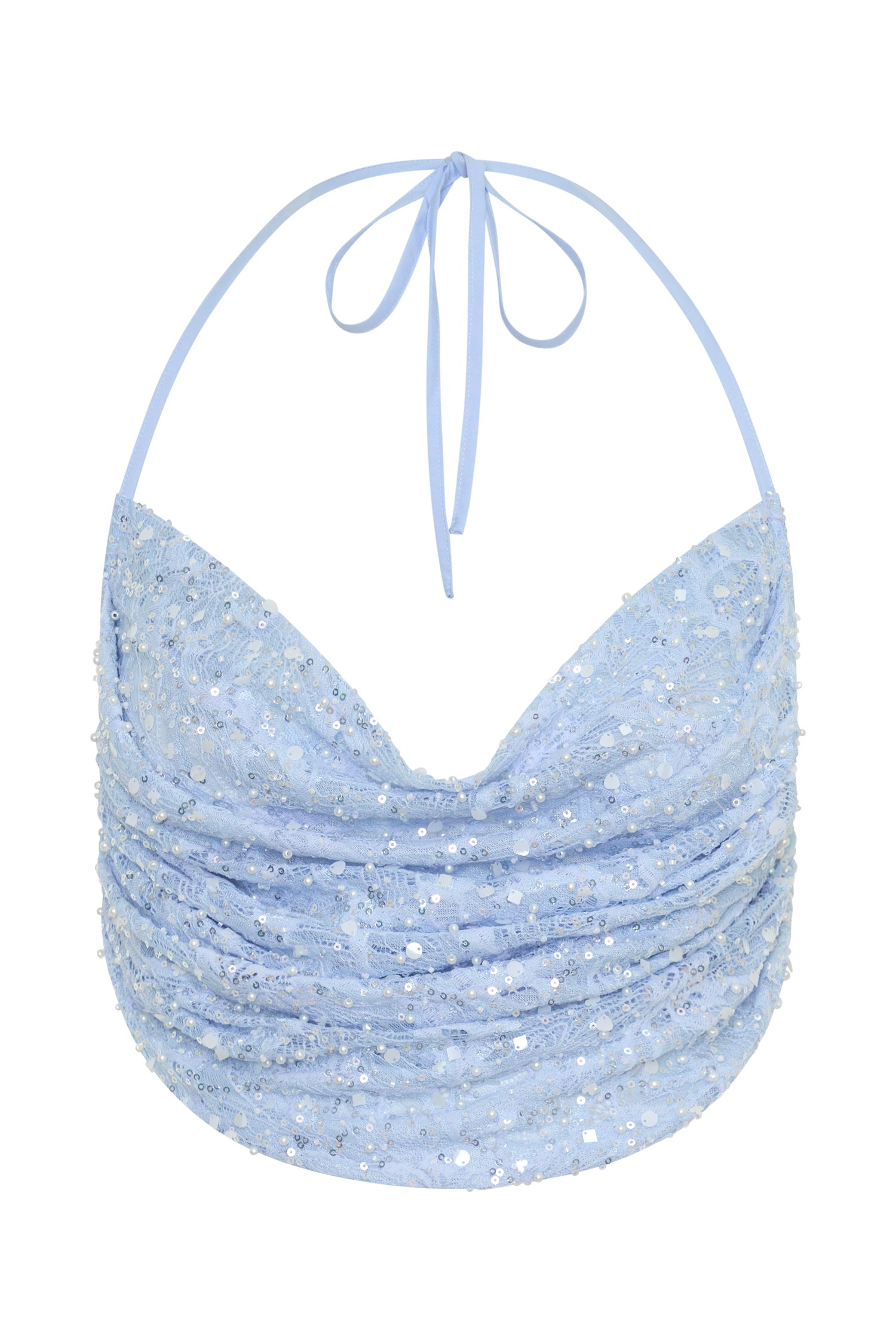 Kiara Pearl Beaded Cowl Crop Top - Powder Blue